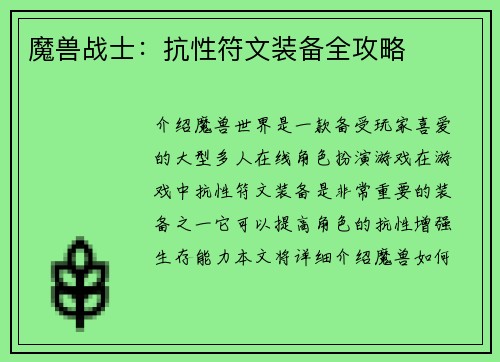 魔兽战士：抗性符文装备全攻略