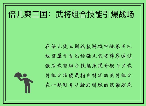 倍儿爽三国：武将组合技能引爆战场