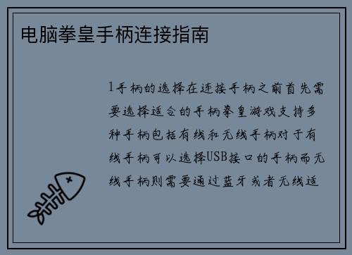 电脑拳皇手柄连接指南
